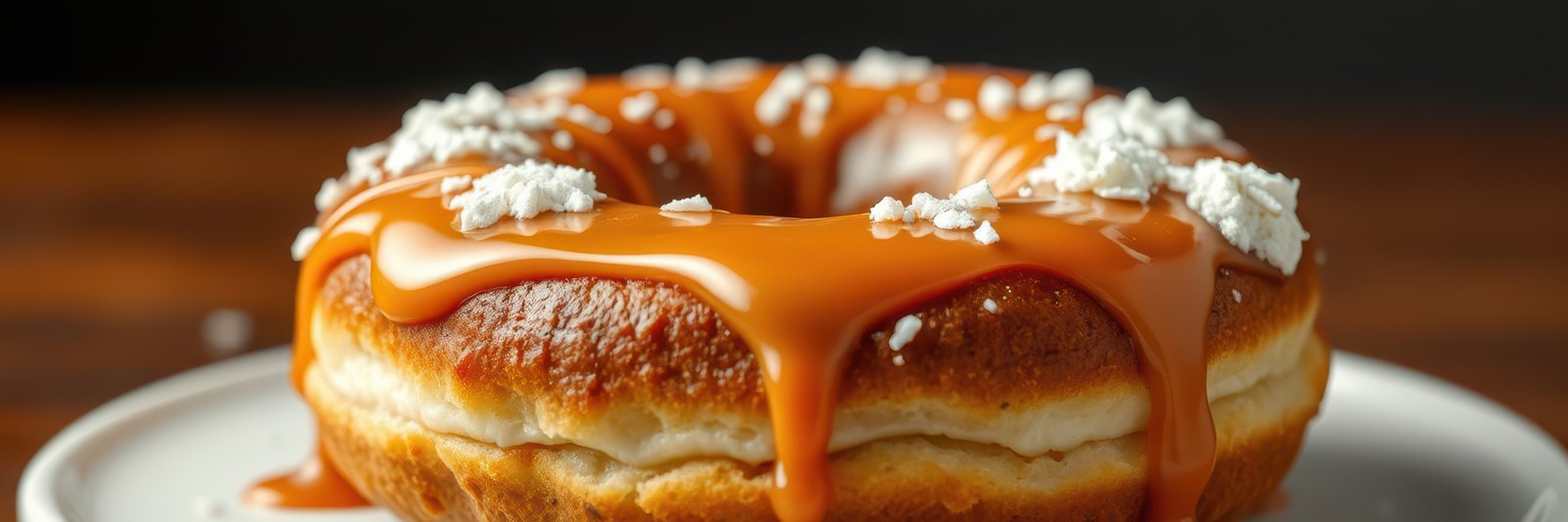 Delicious caramel glazed donut topped with whipped cream and served on a white plate